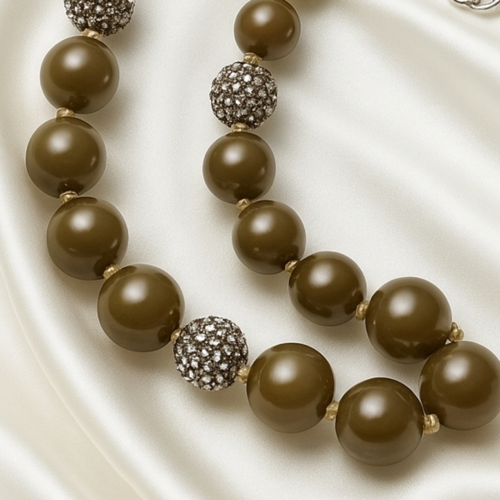 Olive Color Chunky Beaded & Rhinestone Ball Necklace - Silver Women's Jewelry